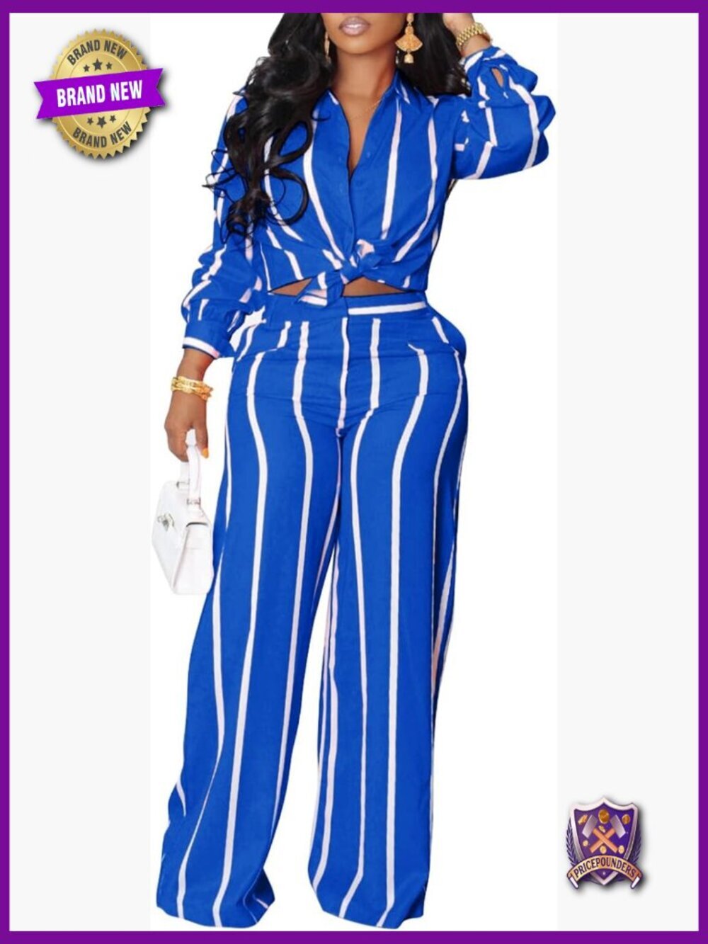 2 Piece Outfits - Stripe Long Sleeve Button Down Shirt & Wide Leg Pants Set